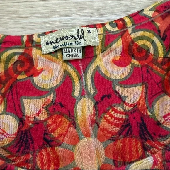 Vibrant One World Red and Yellow Abstract Floral Rhinestone Embellished Tunic - Picture 7 of 11